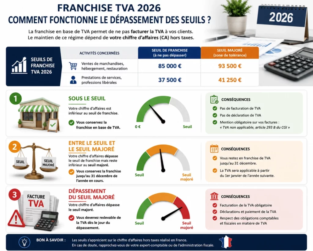 Franchise TVA 2026 : Seuils, Dépassement et Règles de la Franchise en Base de TVA 4 Comment fonctionne le dépassement des seuils