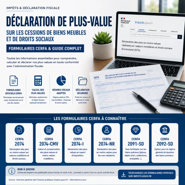 Déclaration de plus-value sur les cessions de biens meubles et de droits sociaux : formulaires Cerfa 2074, 2074-CMV, 2074-I, 2074-NR, 2091-SD et 2092-SD